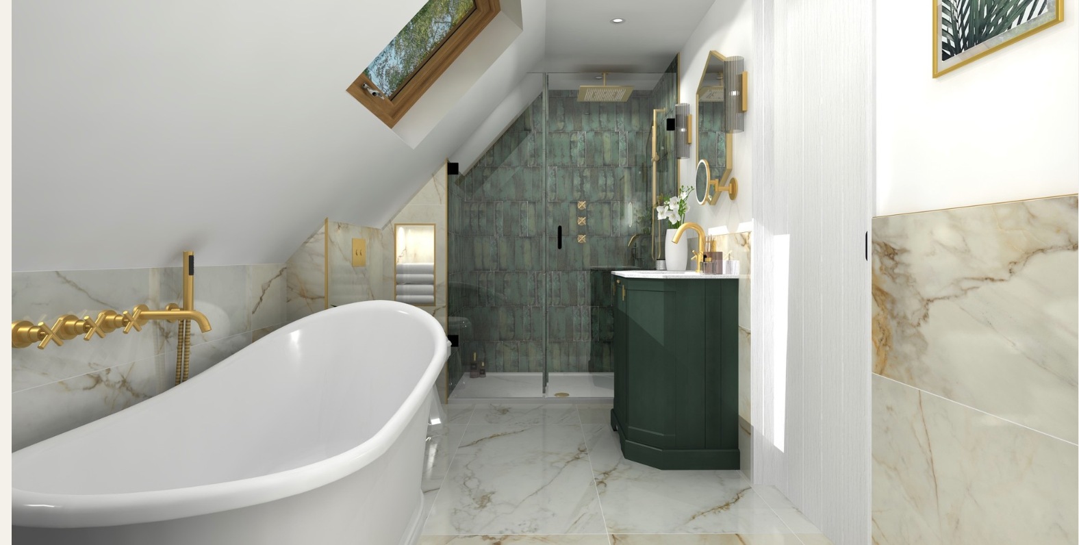 bathroom design showing a freestanding bath, green shower tiles and brass fittings
